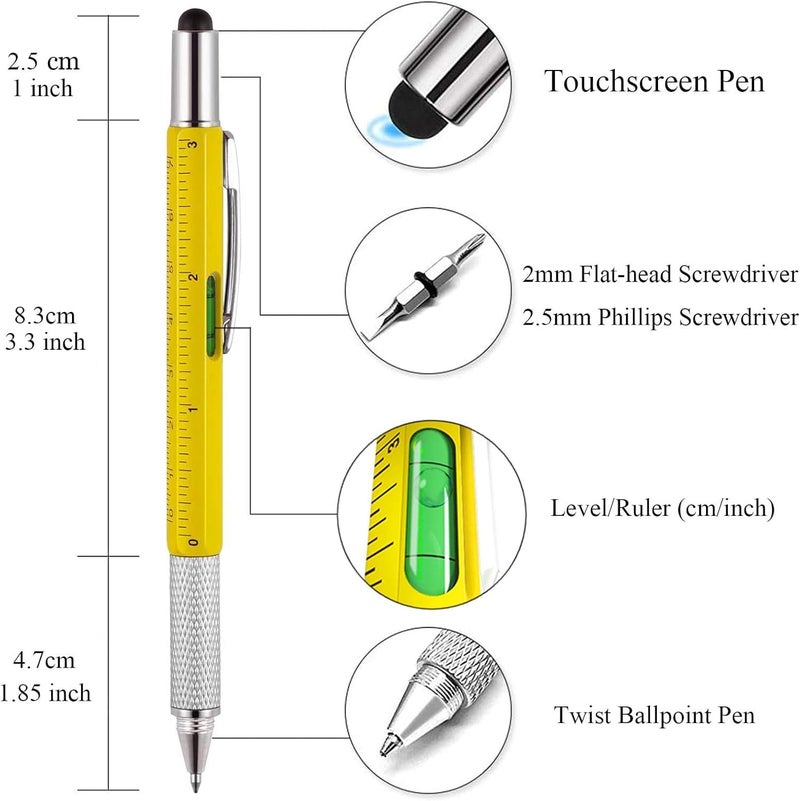 Kennmo 4 Pcs Multitool Pen Cool Gadget for Men, 6 in 1 Tool Pen Screwdriver Pen with Ballpoint, Ruler, Screwdriver, A Flat Head, Touch-Screen Pen, Levelgauge，Gift for Father's Day (4 Colors) - Image 1
